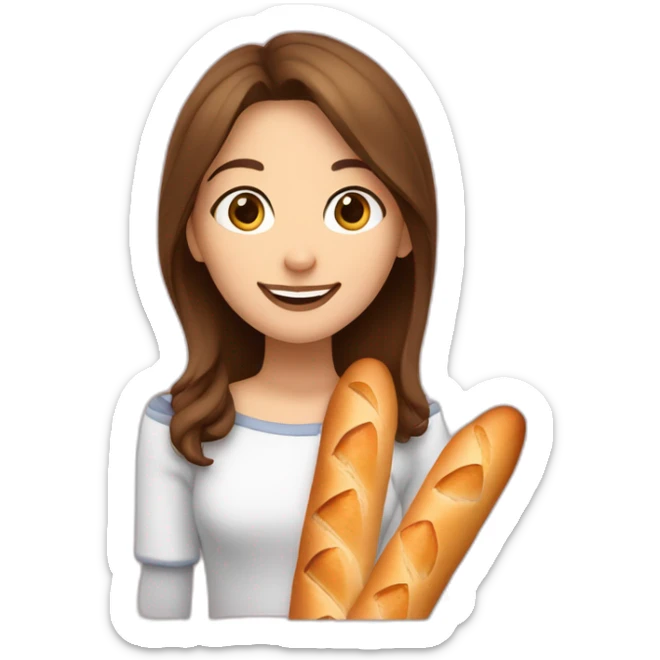 one girl with brown hair smiling and holding 4 big baguettes so we can see her face partly but baguettes are lover then her nose sticker