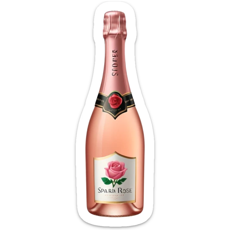bottle of sparkling rosé champagne with a rose logo on the label, tilted up and to the right, no glass sticker