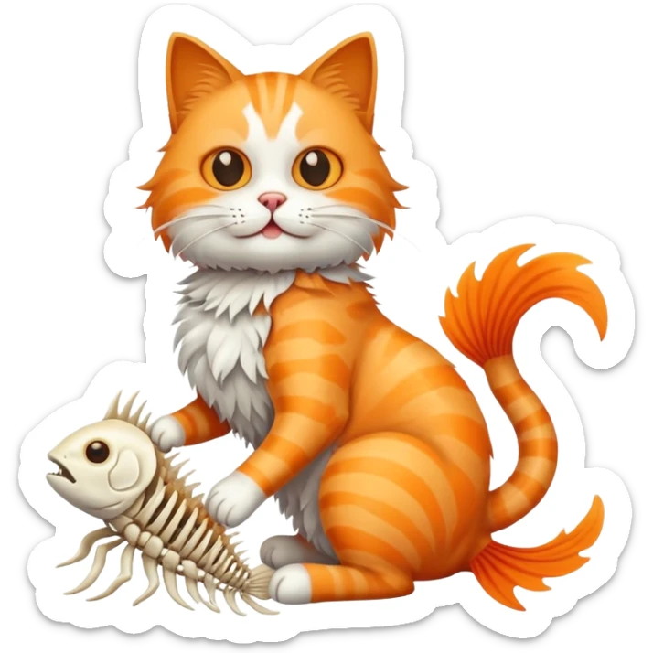 cat full body sitting with fish skeleton with fins and bones in mouth sticker