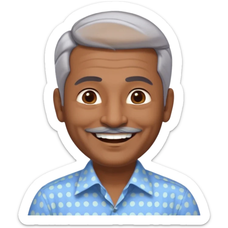 50 yr old indian man, dark skin, grey hair, big smile, white teeth, chubby, no moustache, clean shaven, young style hair, hair brushed back, 5 oclock shadow, dot on forehead, dress shirt sticker