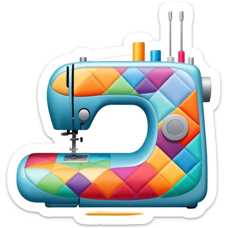 Patchwork and quilting icon, colorful fabric patches sewn together in a quilt pattern, sewing needle and thread, quilting tools like rotary cutter and quilting hoop, minimalistic style, clean lines, transparent background. sticker