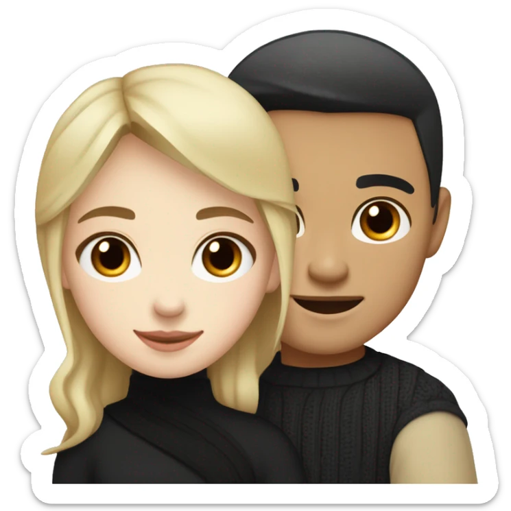 Blonde girl with blue eyes in black sweater and an east asian with light skin man with black hair and black eyes hugging sticker