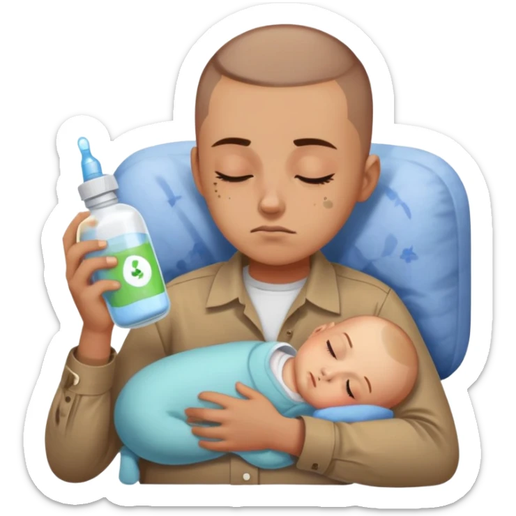 Hair: Buzzcut with baby photo sticker on temple Face: Sleep-deprived squint, formula powder residue Clothes: Stained button-up with mismatched socks Action: Bottle-warming while debugging code sticker