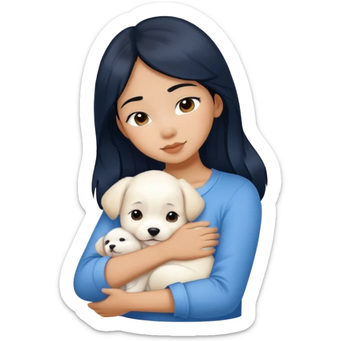 One black hair filipina girl in velvet blue shirt hugging pure white puppy sticker