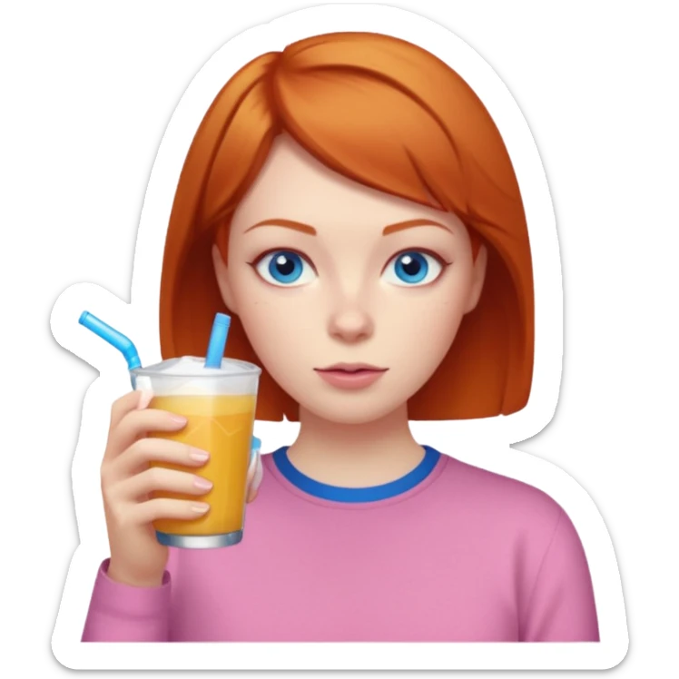 ginger woman short hair, pink shirt, sipping energy drink blue eyes cosy  sticker