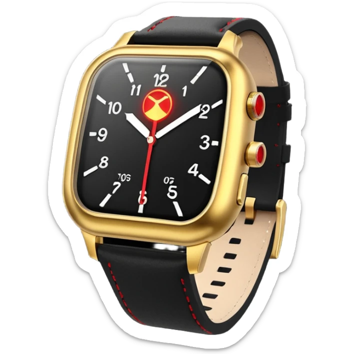3D render of Laser Watch, secret agent spy gear aesthetic, hidden mechanisms, gold luxury wristwatch emitting a tiny red laser beam, sleek tactical texture, Apple emoji style, isolated on white background --v 6.0. sticker
