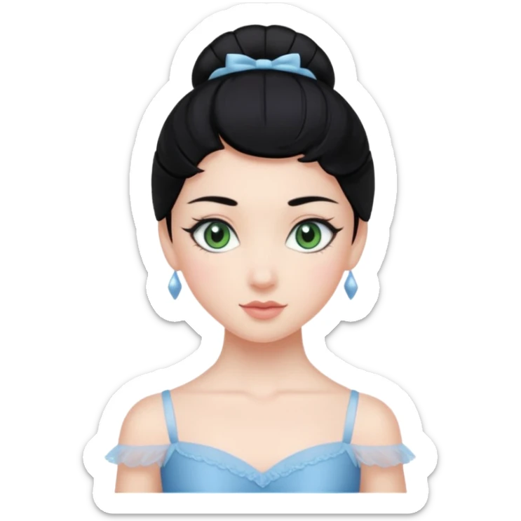 Cinematic Realistic ballerina Medium Blue Portrait, depicted with lifelike skin texture, subtle rosy undertones, and soft natural lighting that enhances the gentle contours of her face. Her intricately detailed sweet black hair is elegantly styled, green eyes sticker