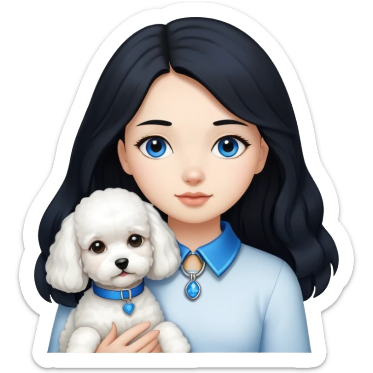 A girl with long black hair holding a bichon with a blue collar sticker