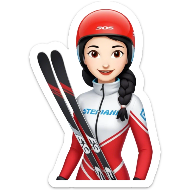 Ski racer woman red white dress with the name Stephanie on the dress and the name HEAD on the skis, black hair, smile sticker