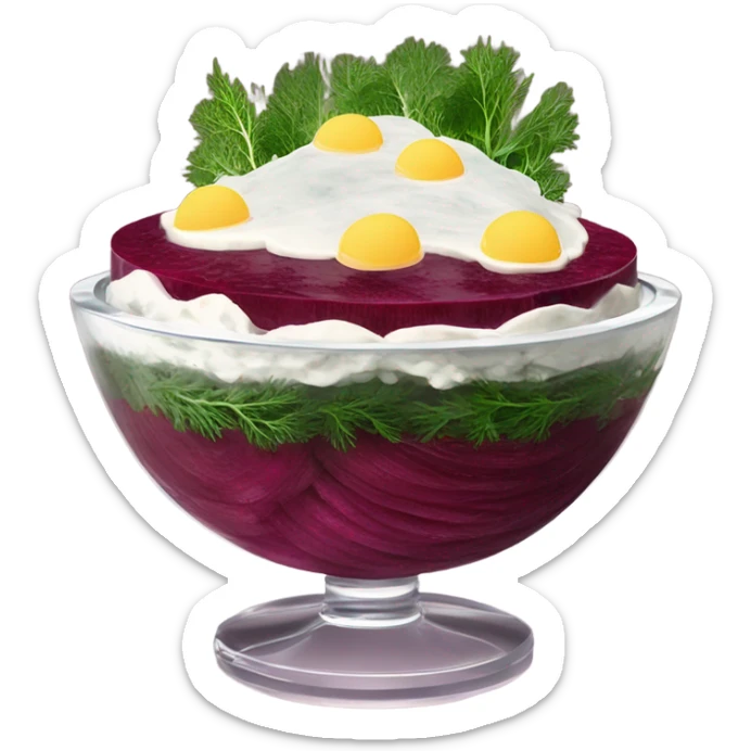 Shuba russian Layered Beet dish  with Herring and mayonnaise in Crystal bowl, dill on top  sticker