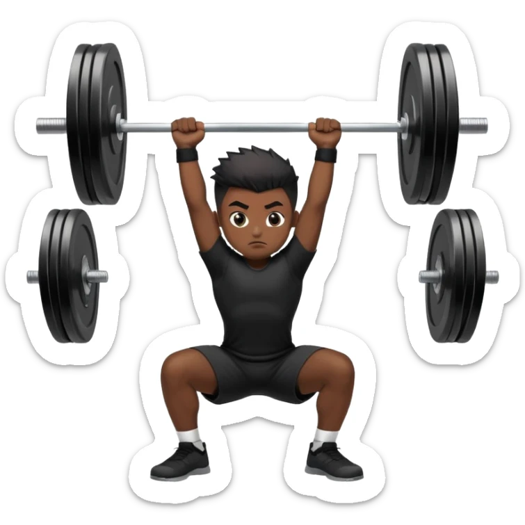 A boy with dark skin, black color front spike hair and wearing a black shirt is doing an overhead squat with a lot of weight on the barbell sticker