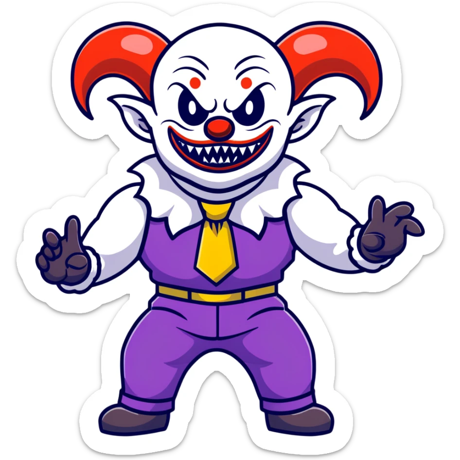 full-body muscular demonic clown in black and white leisure suit with bellbottom pants, bald, black ram horns, flashy black and white belt, ruffled white shirt, no neck tie, large fangs, cartoon sticker style sticker