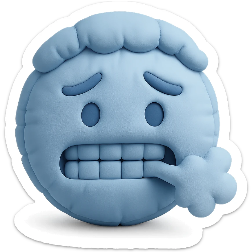cold emoji with soft plush look, frosty breath, blue tones sticker