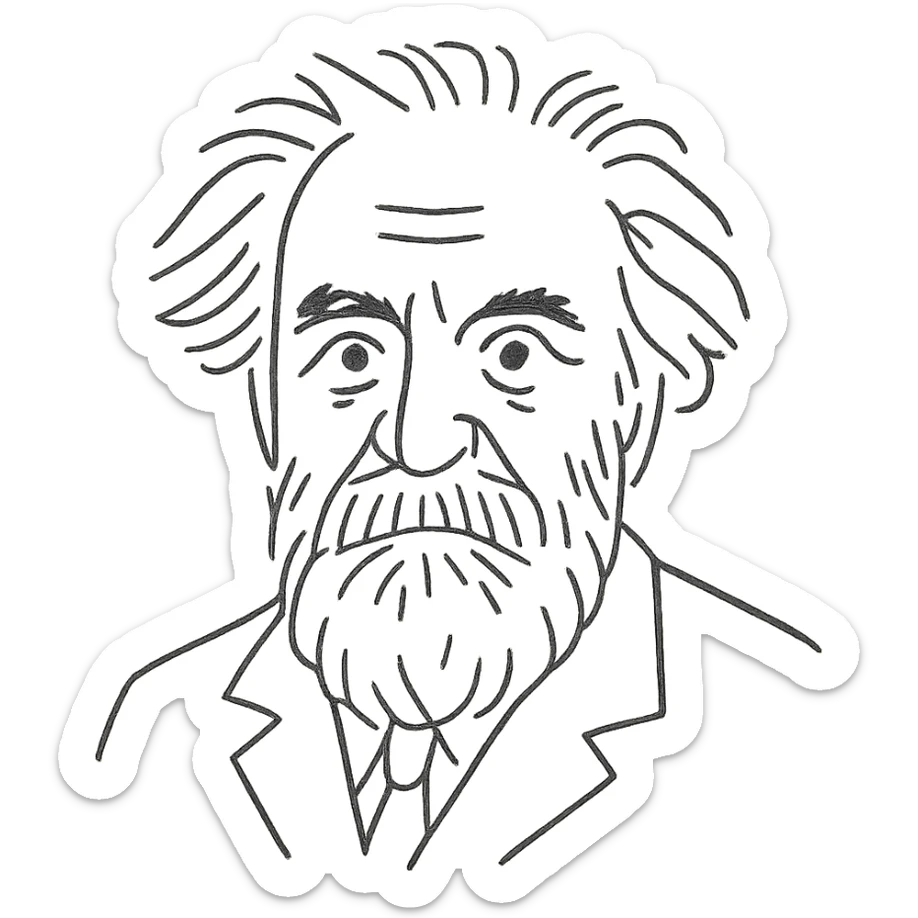 a hand drawn black outline portrait of philosopher Gaston Bachelard with similar-sized eyes based a famous portrait of him sticker