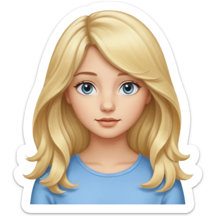 jeune femme de 20 ans, blonde avec une raie au milieu et une frange rideau encadrant le visage. Cheveux longs, lisses sur le haut et légèrement ondulés avec de belles boucles souples sur les pointes. Yeux bleus clairs lumineux, regard doux et naturel. Teint frais et peau lumineuse. sticker