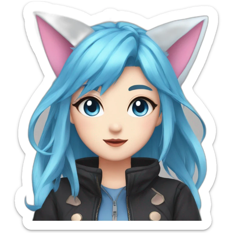 anime girl, fox ears, blue eye, blue hair, pink hair, Black jacket sticker