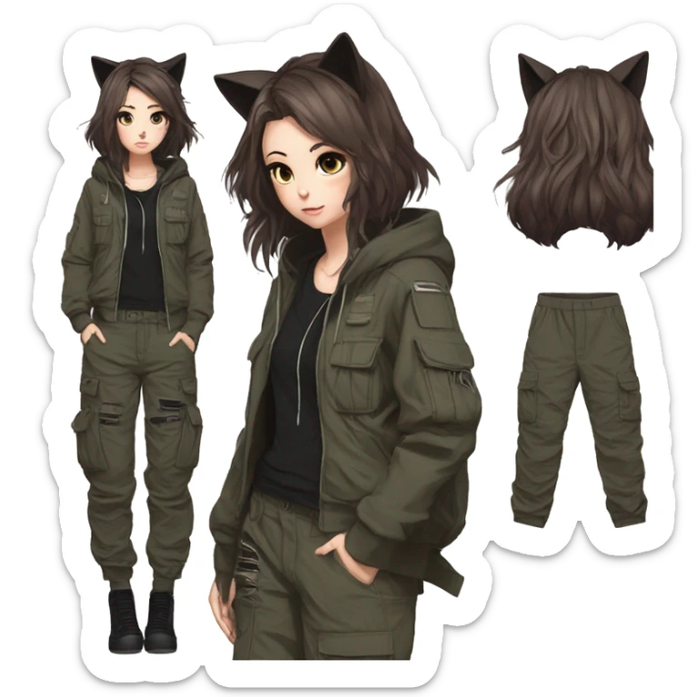 Edgy cool shy urban beautiful pretty anime punk tomboy with cat ears techwear cargo pants hoodie brown hair collar  sticker