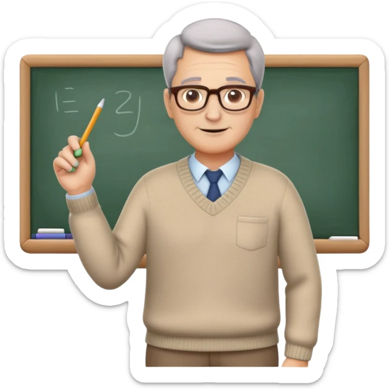 Create a simple 3D color illustration of a teacher emoji. The teacher should be shown as a friendly, middle-aged figure with glasses, wearing a smart-casual outfit like a sweater and slacks. They should be holding a chalk or marker in one hand, with a whiteboard or classroom background implied. The teacher should have a warm and welcoming expression. The emoji should maintain a neutral, educational vibe. The background should be pure white. sticker