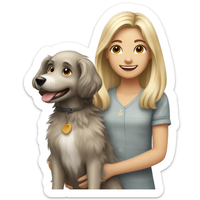 smiling girl in outdoor dress holding a scruffy dog with gray and blonde fur sticker
