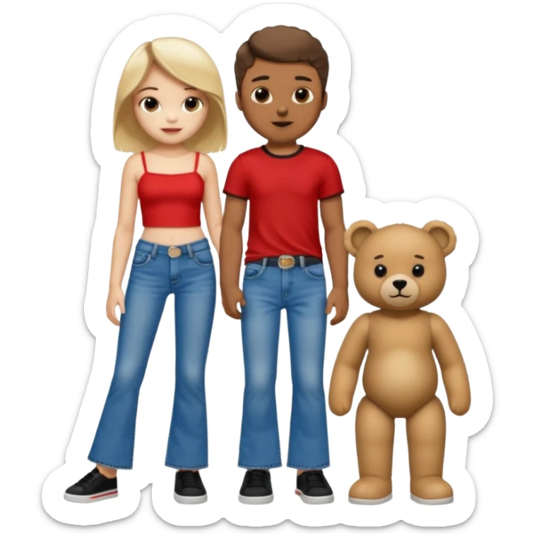 A boy and a girl teddy bear for the boy bear put on true religion shirt and jeans with black shoes and for the girl put flare jeans and a red tube top and white shoes sticker
