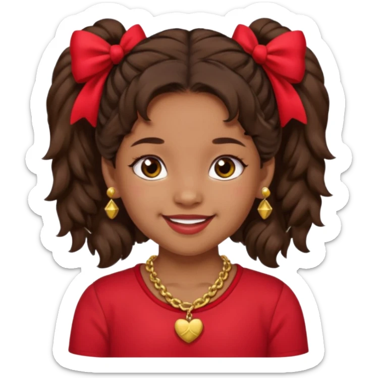 Brownskin girl dark brown hair fluffy. pigtails with red bows brown eyes smiling closed mouth red shirt gold esrrings gold necklace sticker