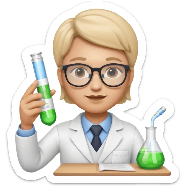 Apple Memoji-style 3D emoji of a researcher wearing glasses holding papers or a test tube, clean gradients, rounded shapes, no background. sticker
