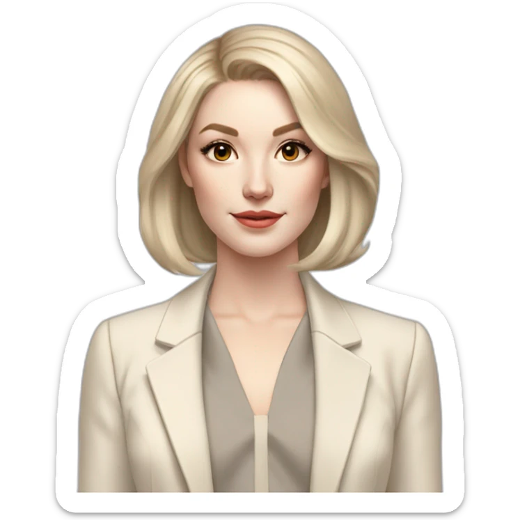 pale skin woman with ash blonde Straightened bob Hair, White Spacious classical jacket, beige palazzo Arrow pants and gray blouse holding a color palettes in the hands sticker
