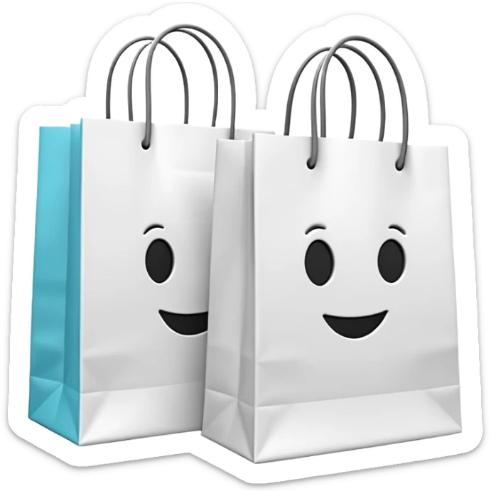 A 3D emoji of two white paper shopping bags, one large and one small, standing next to each other. Soft studio lighting, smooth 3D rendering, claymorphism style, minimalist design, cute, high resolution, isolated on a white background. sticker