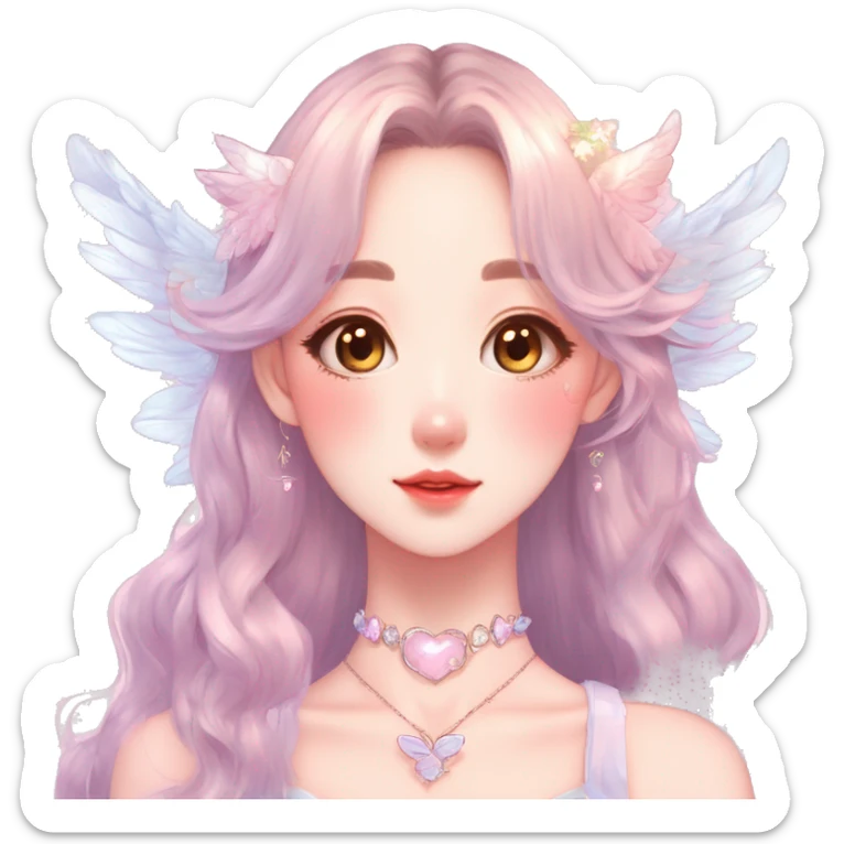 Gorgeous pastel anime style lady with blushing face and angel wings necklace cottagecore fairycore pastelcore colorful pearly romantic simplistic aesthetic trending style sticker