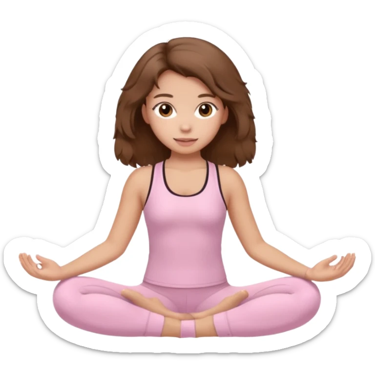 brown hair girl wearing light pink pilates clothes, fluffy medium hair and brown eyes sticker