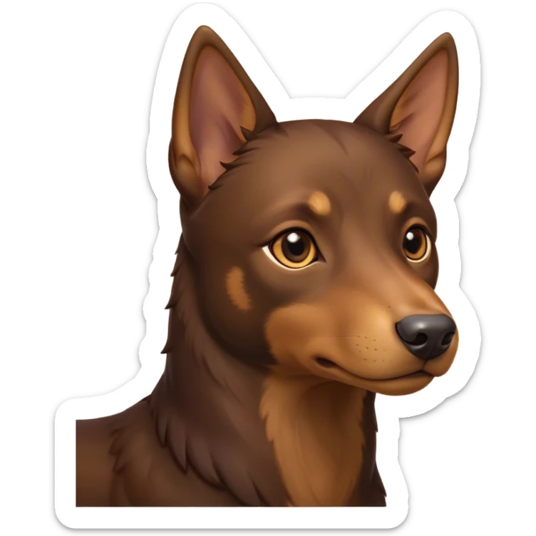Cinematic Noble Brown and Tan Kelpie Portrait Emoji, Poised and regal, with a strong, agile build and a rich, well-groomed Fur of warm brown and tan, piercing warm eyes, Simplified yet sharp and sophisticated features, highly detailed, glowing with a soft, dignified glow, high shine, intelligent and energetic, stylized with an air of determination, focused and attentive, soft glowing outline, capturing the essence of a watchful and confident herder, so majestic it feels as though it could bound out of the screen with effortless authority! sticker