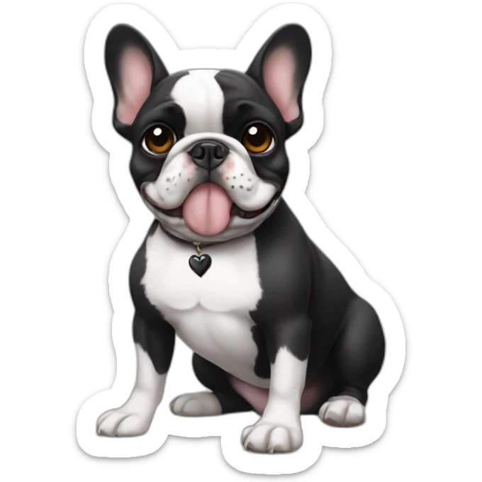 A french bulldog with black and white colors, one eye black, like a pirate, sitting on the ground, making a heart emoji sticker