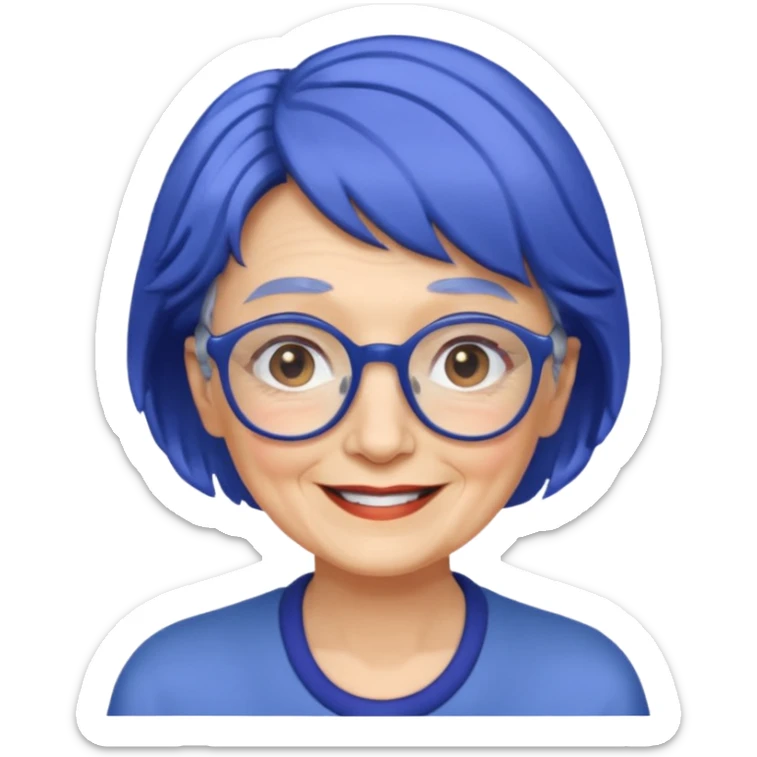 old lady with cobalt hair, wearing glasses, slight curl short hair, long face sticker