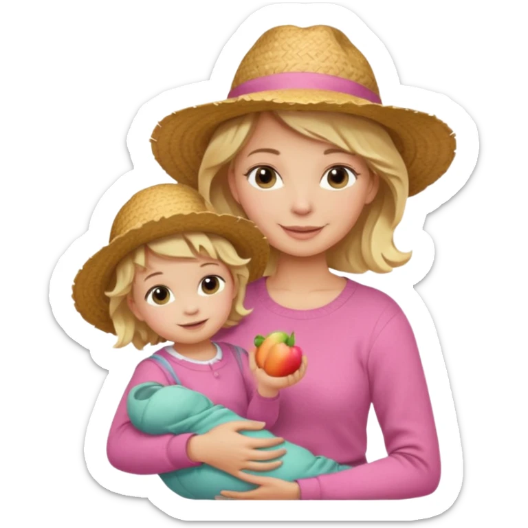 A cheerful wavy short blond hair mom in a straw hat carrying her child, wearing a pink sweater sticker