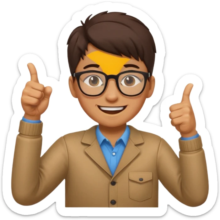 un estudiante que este parado con sus lentes guiñando el ojo y CON LAS MANOS HACIA ARRIBA DANDO LIKE sticker