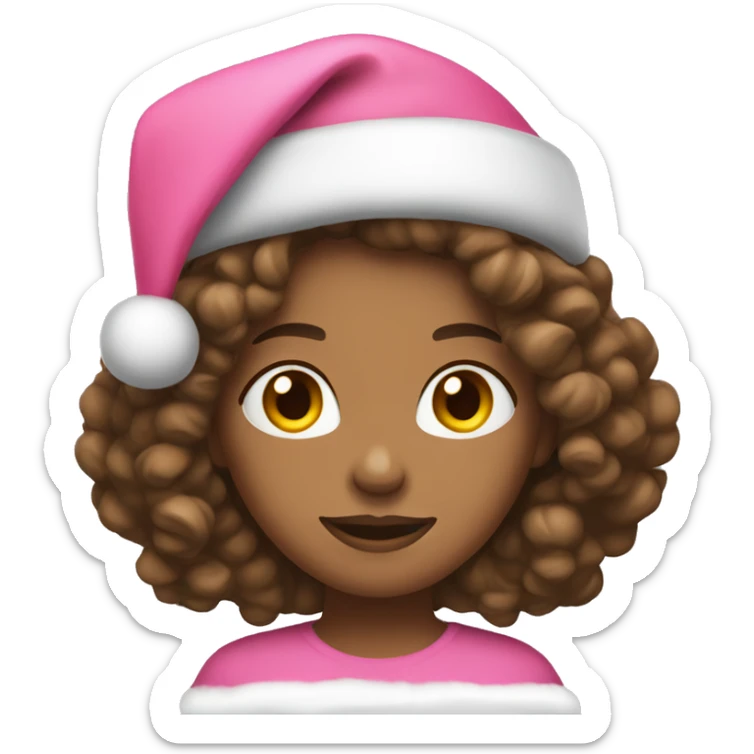 Woman with shoulder length curly brown hair wearing pink Santa hat sticker