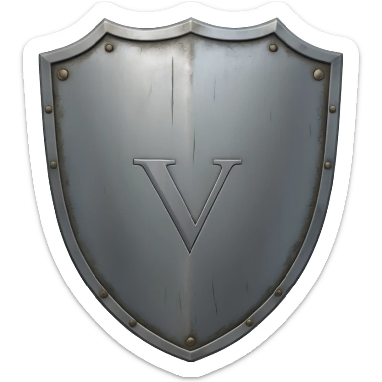 a steel shield with engraved roman letter NOVUS—looks battle worn sticker