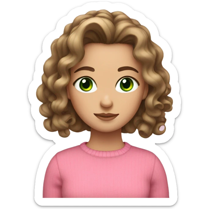 White girl with brunette curled hair and green eyes and a pink sweater sticker