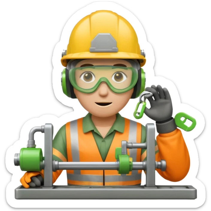 modern emoji-style icon of factory worker in full PPE helmet goggles gloves operating lathe with transparent safety barrier green padlock symbol overlay small warning signs yellow orange gray green industrial safety sticker