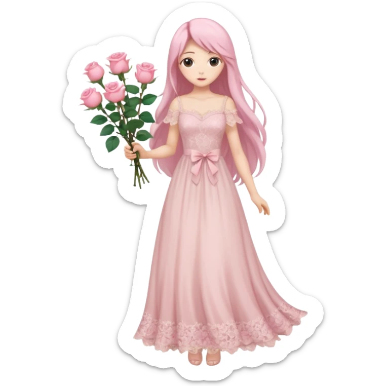 pastel anime woman with long hair pink roses lace dress full body sticker