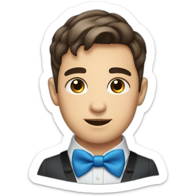 A young male tennager with a round face and very short brown hair and a mole on chin wearing a blue bow tie sticker