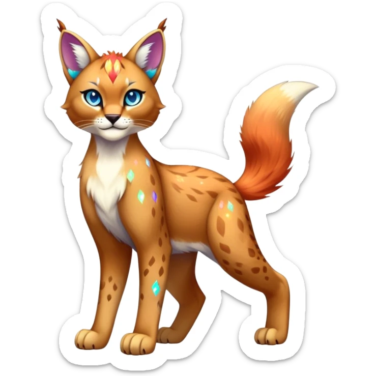 Vibrant multicolored Falvie-Fionbri-Bobcat-Caracal-creature-sparkle-feline-fursona, full body sticker