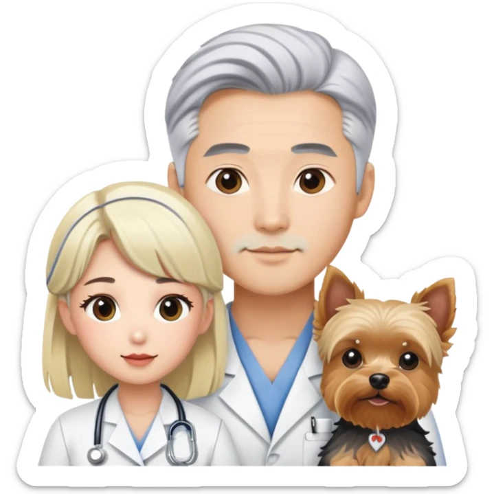 Blonde nurse and hot asain Korean man with one silver hair yorkie.  sticker