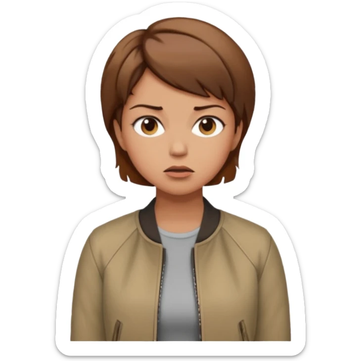 a woman with a brown short hair, looking at the left, frustrated, wearing a trendy jacket, only upper body, high quality sticker
