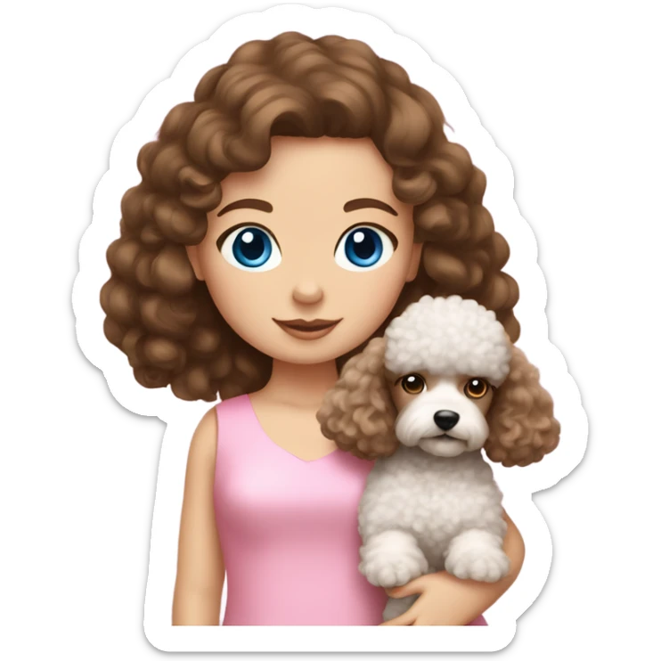 Brown hair blue eyes girl with poodle puppy with pink dress sticker