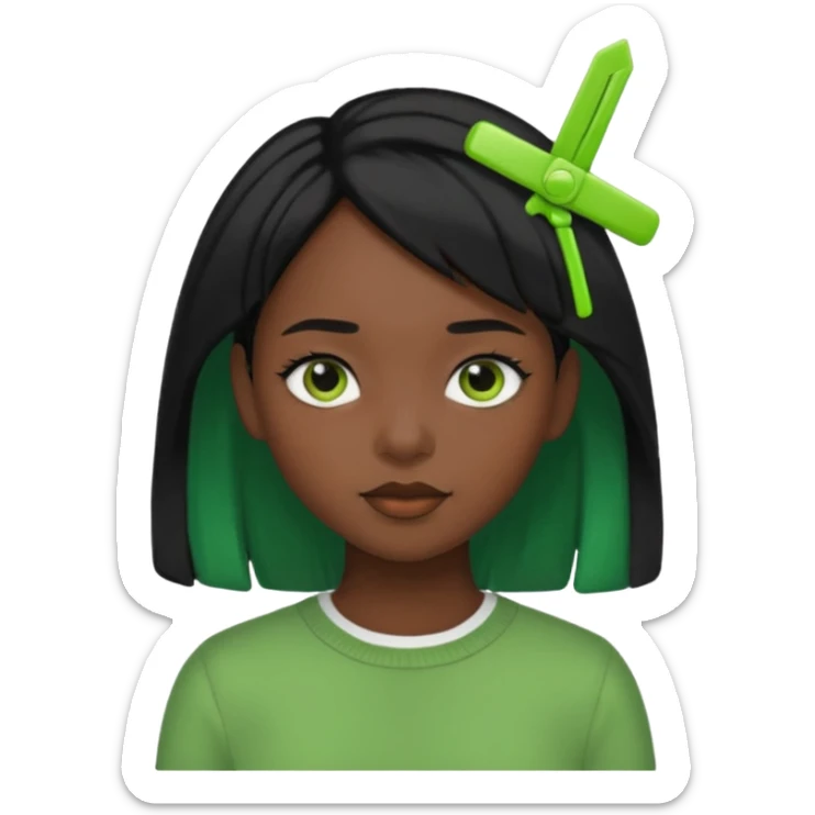black girl with black hair and green color hairclip sticker