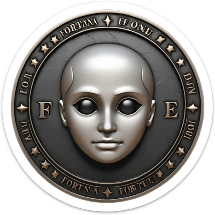 Emoji style, luxury gothic coin made of blackened metal, “FORTUNA” engraved in refined fashion typography, heavy sculptural form, subtle worn metal texture, avant-garde editorial aesthetic, no glow, no neon, flat emoji design, centered, transparent background sticker