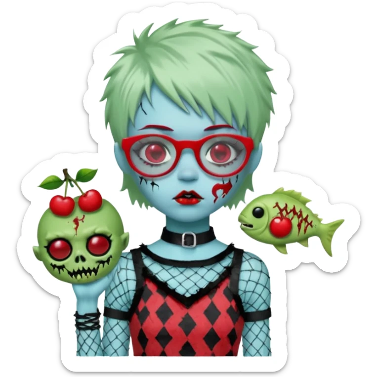 White hair, Ghoulia yelps monster high doll in scene/emo style cherry print dress with fishnet sleeves, clothes, thin, small, red, rectangle glasses, pale white-blue skin, pale-green shaggy short hair , zombie scars , boy, punk choker sticker