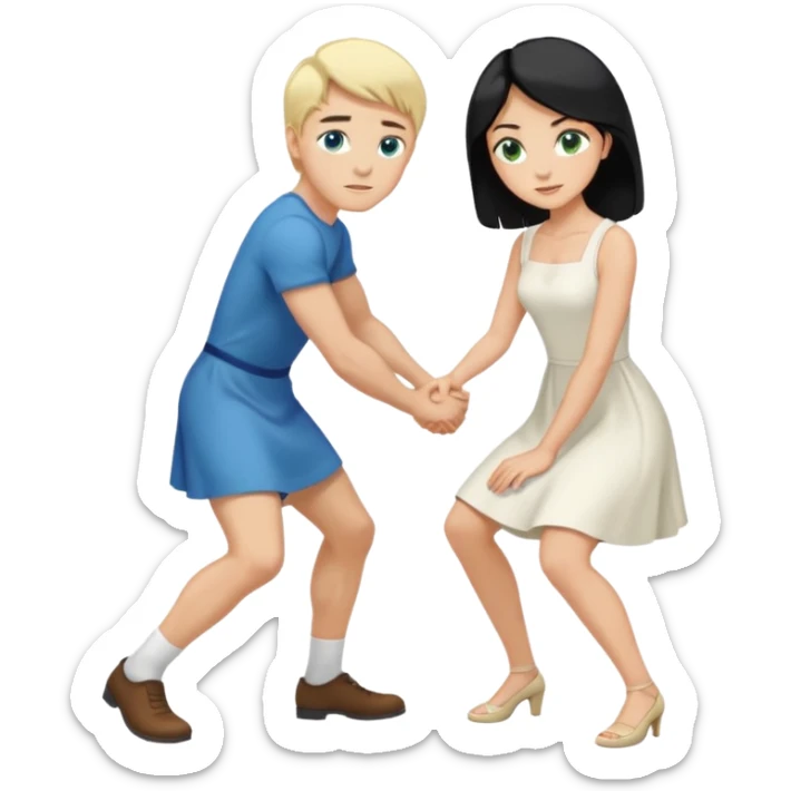 Man, black Hair, blue eyes, whole body, Woman, bending knees, blonde, green eyes, White Dress, sticker