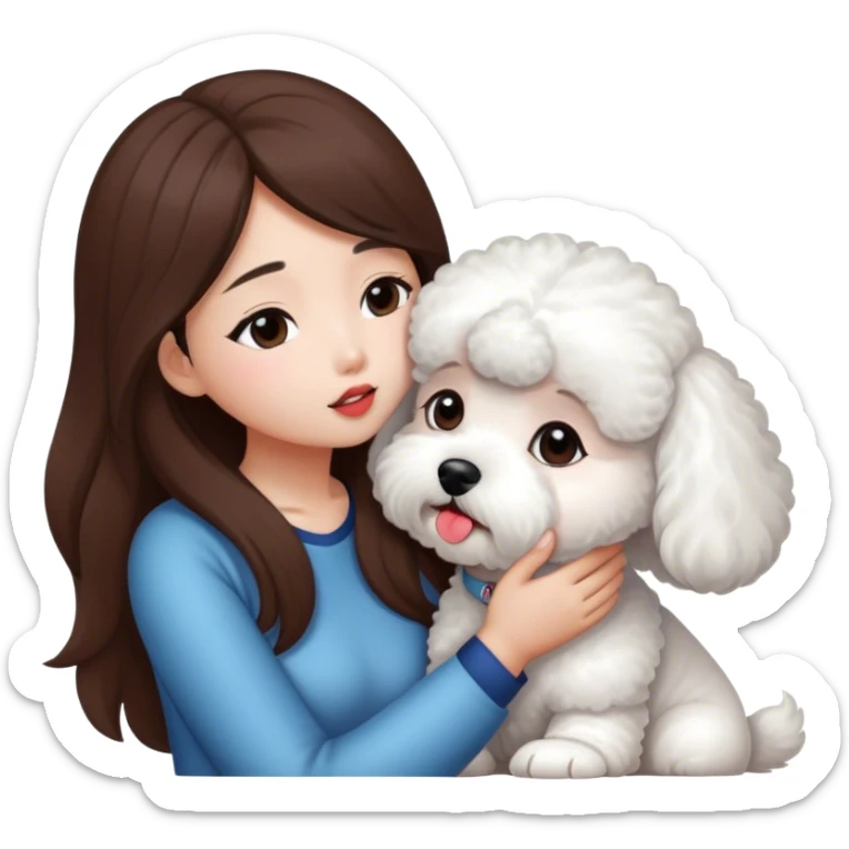 Asian girl with long brown hair kissing one white bichon sticker